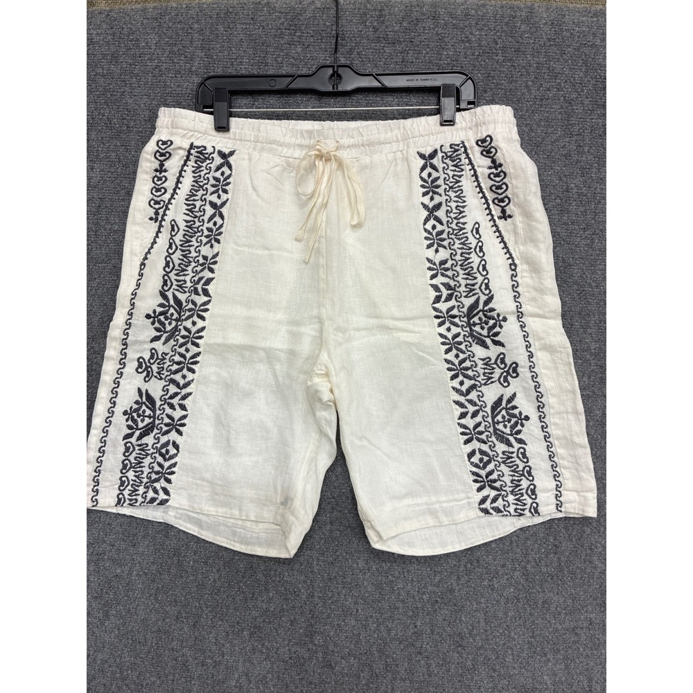 Johnny Was White Linen Embroidered Shorts Black Floral Boho P81320-4 Womens L